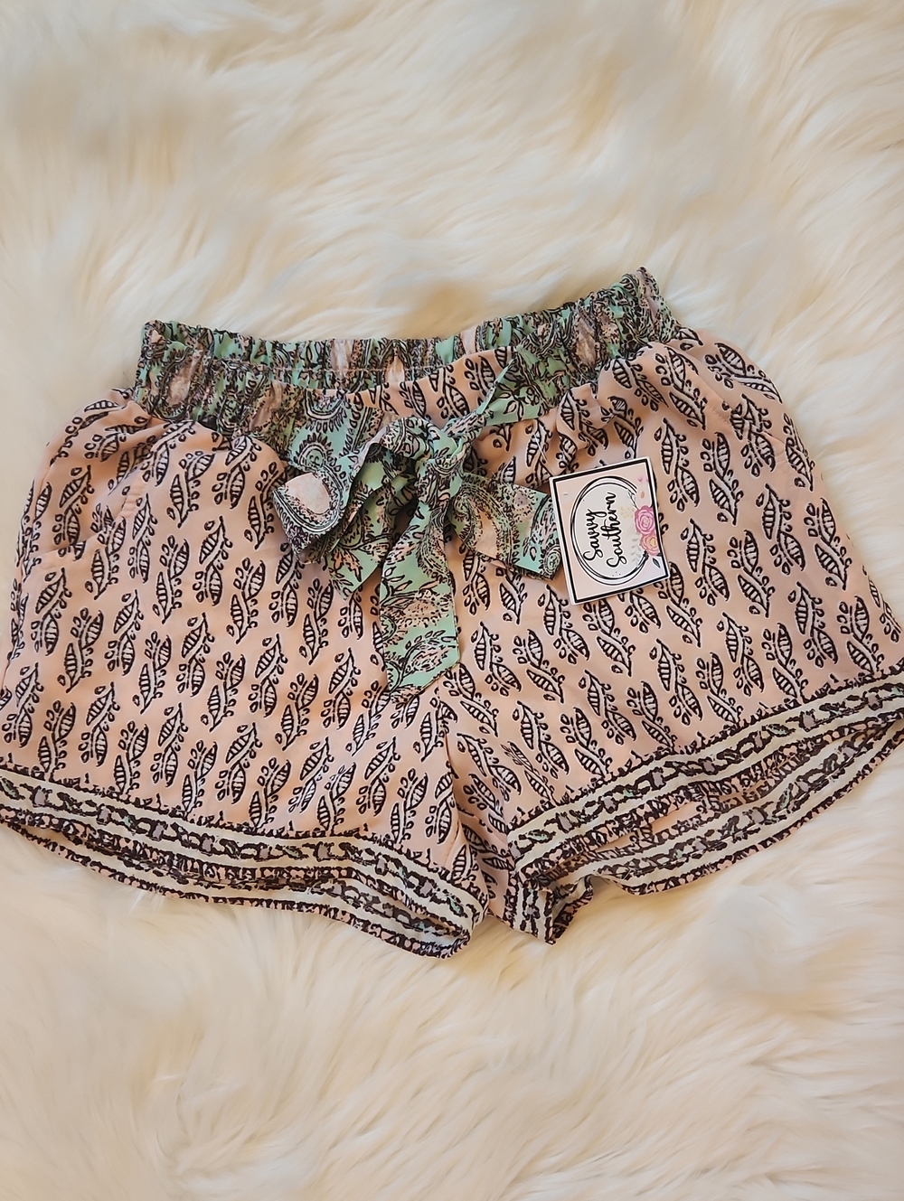 Stitches High-Waist Pink Printed Tie-Front Shorts - XS - Brand:Bebop